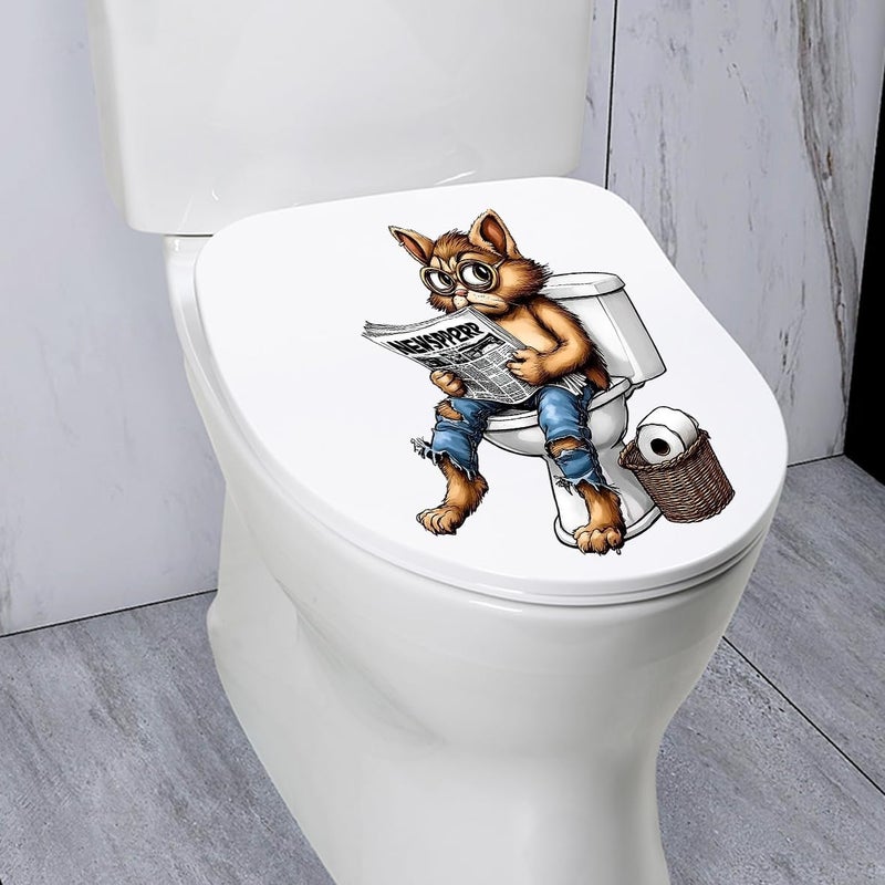 Iprokiu Funny Animal Toilet Seat Cover Decal Waterproof Cartoon Dog Cat Toilet Seat Lid Sticker Dinosaur Duck Washroom Bathroom Decal Home Wall Sticker (Cat) - Image 2